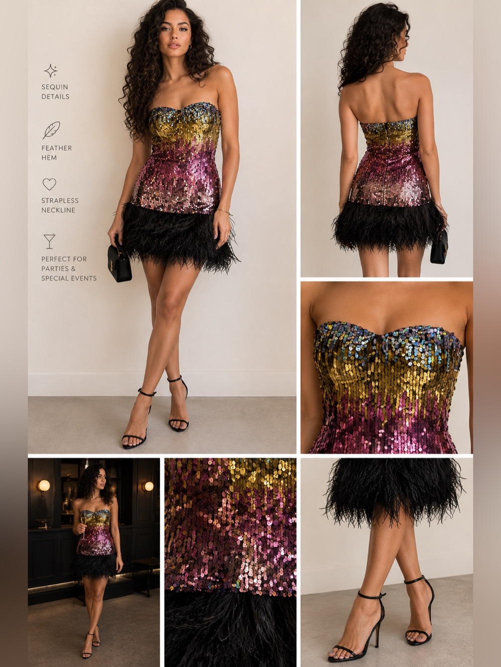 Jasmine Multicolor Sequin Ombre Strapless Dress with Black Feather Trim
